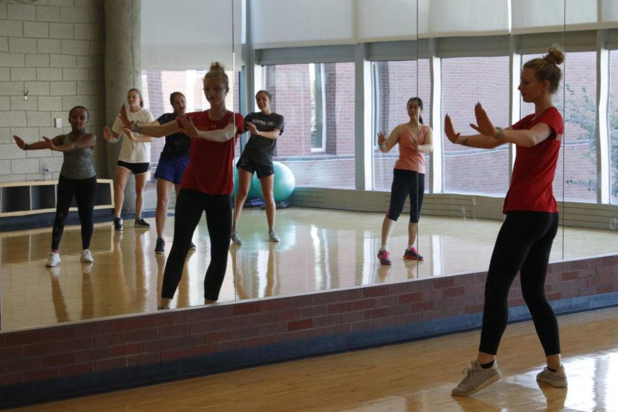 Then-sophomore Audrey Kern instructs a Zumba class in State Gym on Sept. 20, 2018. Zumba is offered at State Gym on Wednesdays, Thursdays, Saturdays and Sundays. Times vary.