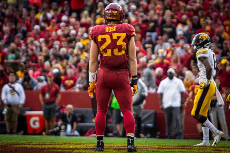 Then-sophomore linebacker Mike Rose takes a moment after a play during the Iowa vs. Iowa State football game Sept. 14, 2019.