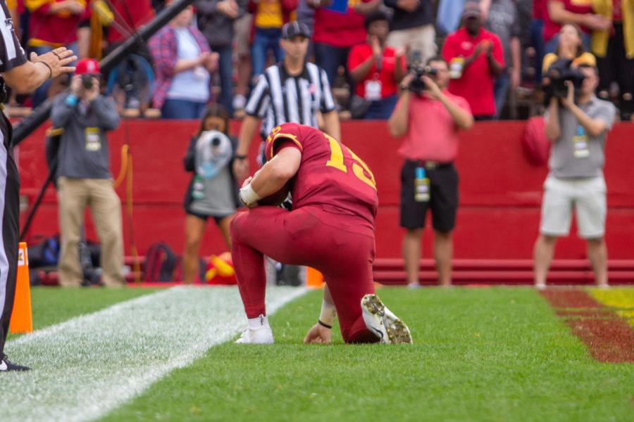 Quarterback Brock Purdy takes a knee after rushing into the end zone to put Iowa State on the board 6-0 against Louisiana-Monroe on Saturday.