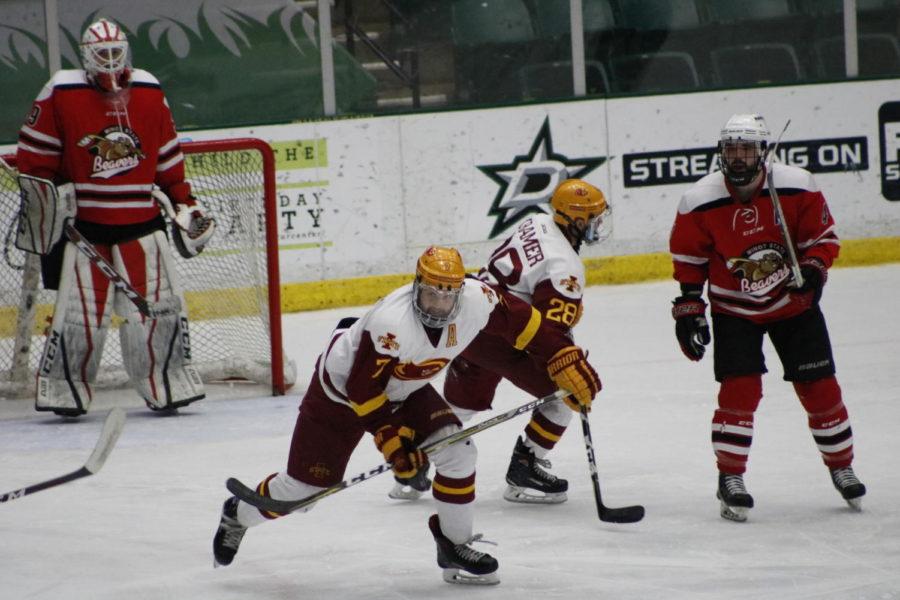 Cyclone Hockey battles with Minot State in the ACHA national championship game. Minot State won 3-1 to capture the national title.