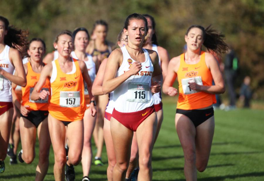 Iowa State distance runner Larkin Chapman leads a pack of Iowa State women’s cross country runners during the women’s 6k at the 2018 Big 12 Cross Country Championships on Oct. 26, 2018, at Iowa State. The women’s team placed first overall with a score of 35, winning the Championships.