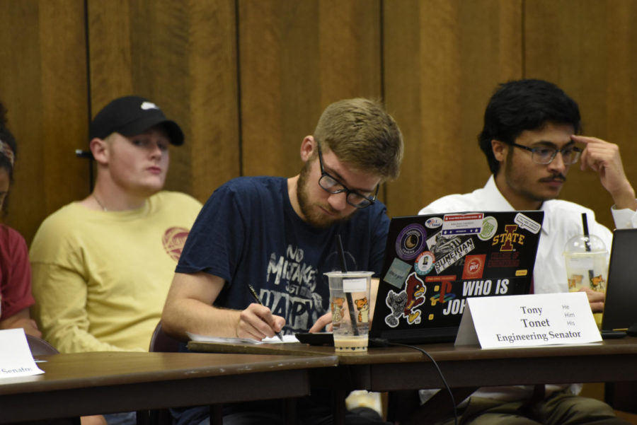 Senator Tony Tonet listens during the Student Government meeting Sept. 18 in the Campanile Room. Student Government discusses various bills and legislation that affect Iowa State and the community.