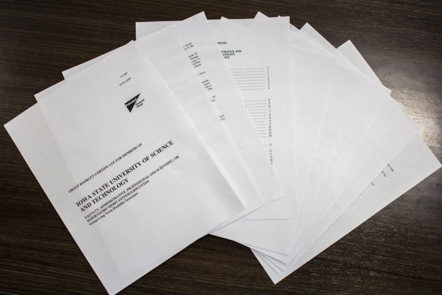 Pictured is the group booklet-certificate for faculty, administrative, professional and scientific or supervisory merit system employees of Iowa State. This document is the certificate for long-term disability insurance. 