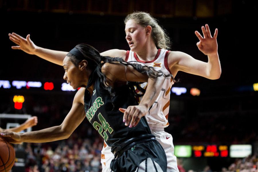 Iowa State then-freshman guard Ashley Joens guards Baylor then-fifth year guard Chloe Jackson following a turnover during the fourth quarter of the Iowa State vs Baylor women’s basketball game Feb. 23 in Hilton Coliseum. The Lady Bears defeated the Cyclones 60-73 despite a surge from Iowa State in the second half.