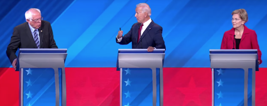 Sen. Bernie Sanders, former Vice President Joe Biden and Sen. Elizabeth Warren onstage at the September Democratic presidential debate.