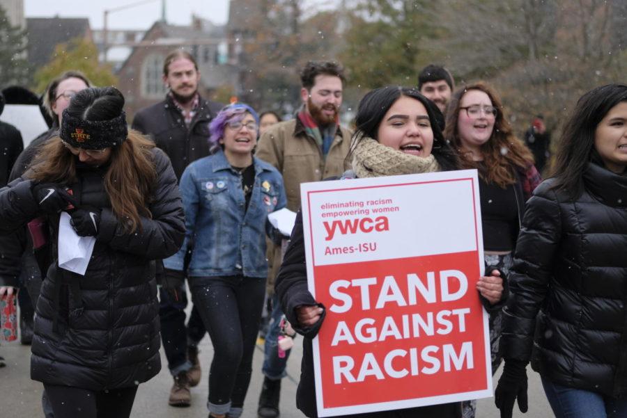 A collective coalition of Iowa State students and members from student organizations including Pride Alliance, Hillel, Lambda Theta Alpha, LSI and NAACP marched together during their Students Against Racism protest on Wednesday at noon. The march started at the Memorial Union, onto Lincoln Way and then to Beardshear Hall where students requested to talk to ISU President Wendy Wintersteen.