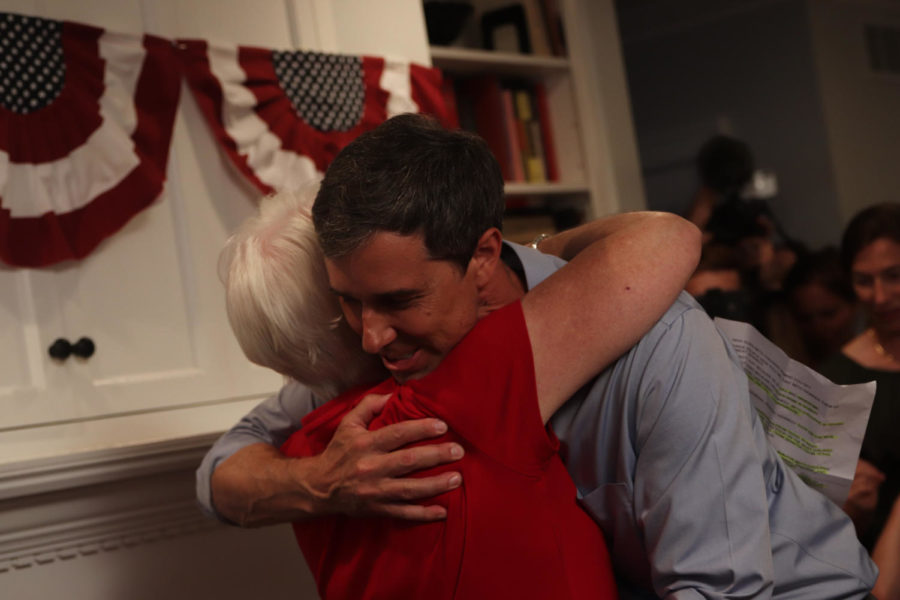 Presidential candidate Beto ORourke embraces Ames resident Joan Bolin-Betts July 2 at her home. ORourke talked about immigration and the detention centers as well as his plans for health care, police policies and the environment 