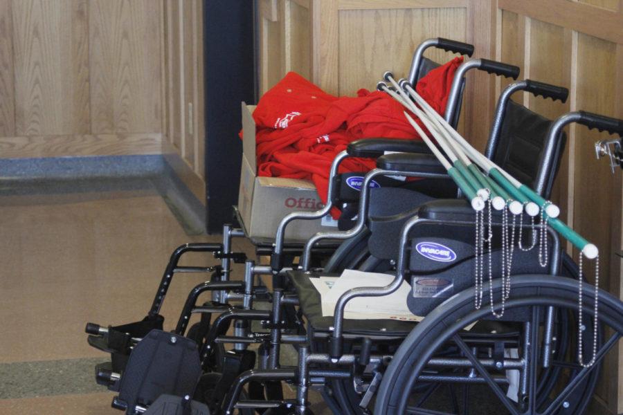 A line of wheelchairs and canes sit ready for use in the UDCC as part of the Step Into My World event put on by the Alliance for Disability Awareness Club and the Student Disability Resource Center. The event was part of Disability Awareness week. 