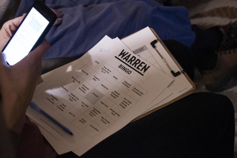 Attendees at the Warren watch party played Warren Bingo where they crossed off talking points as she mentioned them at Tuesday night's Democratic Debate.