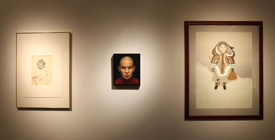 From left to right: Sketch of Charlotte by Christian Petersen, in the Christian Petersen Art Collection, Self Portrait 1/9 by Brent Holland and Woman Gathering Kelp by Mary Pudlat, which are both in the permanent collection in the Brunnier Art Museum.