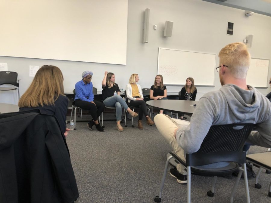 Students Lauren Gifford, Belange Mutunda, Lauren Jones and Stephanie Bias spoke about their entrepreneurship experience as part of the Women Who Create Student Panel on Tuesday.
