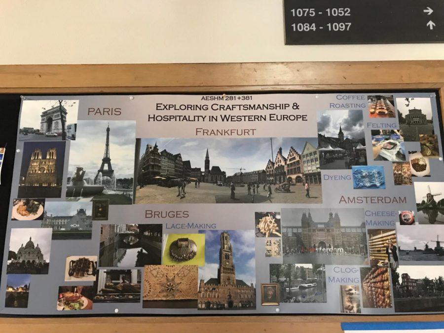 A bulletin board about the exploration of craftsmanship and hospitality in Western Europe for the courses AESHM (apparel, events and hospitality management) 281 and 381.