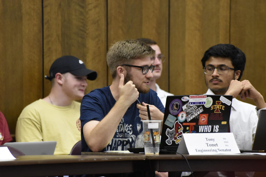 Student Government Senator Tony Tonet listens during the Student Government meeting Sept. 18 in the Campanile Room. Student Government discusses various bills and legislation that affect Iowa State and the community.