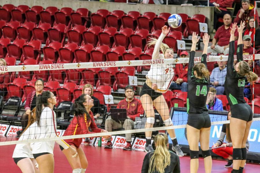 Outside hitter Josie Herbst goes against North Texas block on Dec. 5, 2018 in the Hilton Coliseum. Iowa State won 3-1 and is advancing to the NIVC semifinals. 
