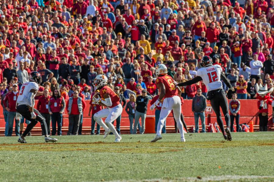 Iowa+State+wide+receiver+Tarique+Milton+at+the+2018+Homecoming+football+game+vs+Texas+Tech+on+Oct.+27.+The+Cyclones+won+40-31.