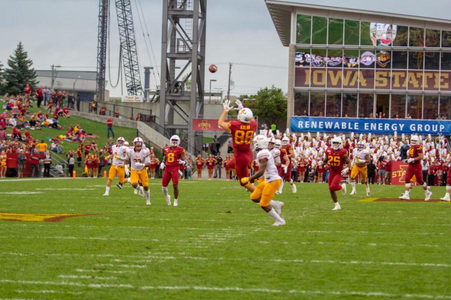 Tight end Charlie Kolar makes one of several receptions to put the Cyclones into the red zone against Louisiana-Monroe on Saturday.