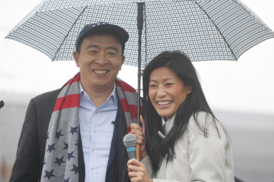 Andrew Yang was joined onstage by Evelyn Yang at the Yangapalooza rally ahead of the the Iowa Democratic Partys Liberty and Justice Celebration Friday in Des Moines. Andrew Yang has frequently referenced his wife, a stay at home mother, for why to support universal basic income. 