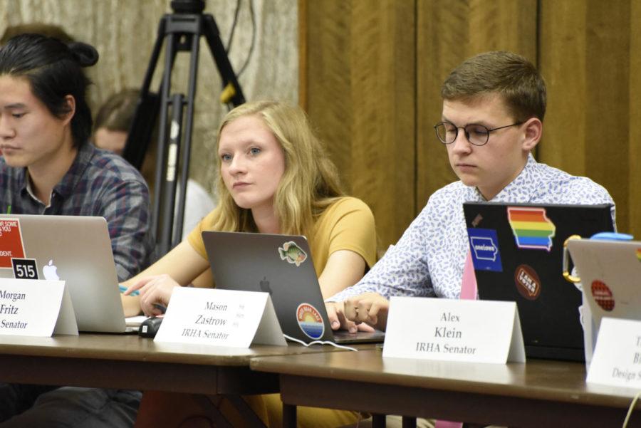 Senators Mason Zastrow and Morgan Fritz listen during the Sept. 18 Student Government meeting in the Campanile Room. Student Government discusses various bills and legislation that affect Iowa State and the community.