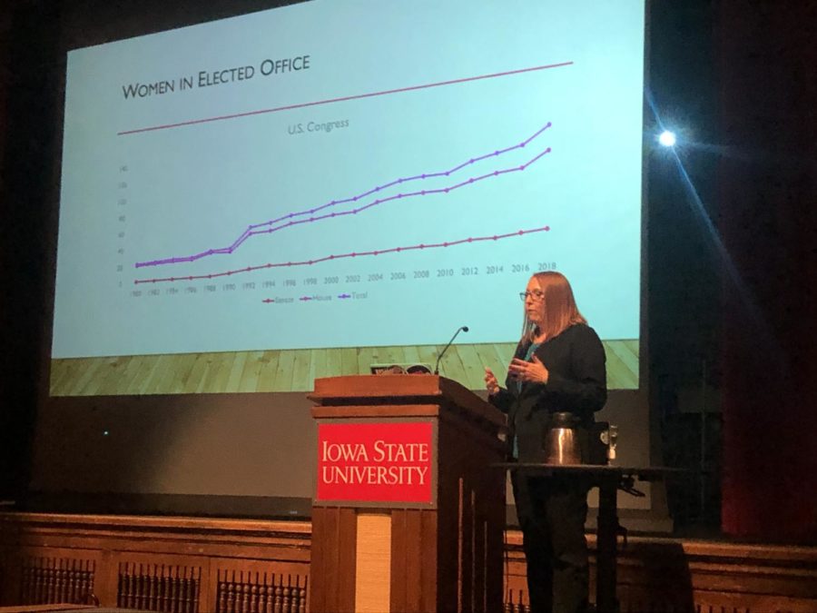 Kelly Winfrey, assistant professor of journalism and coordinator of research and outreach for the Carrie Chapman Catt Center for Women and Politics, discussed the issues women face when seeking elected office in a lecture Oct. 10.