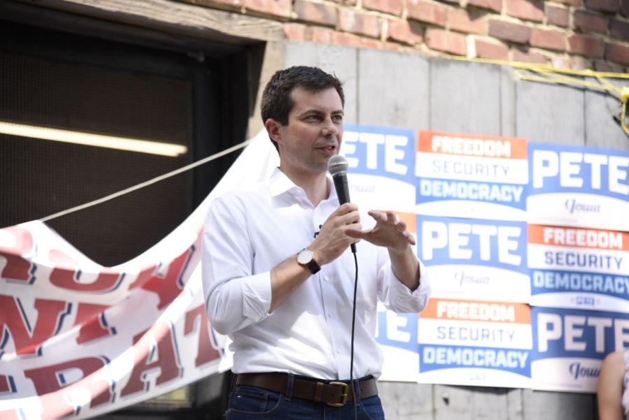 Pete Buttigieg speaks during his stop in Carroll, Iowa, on the Fourth of July.