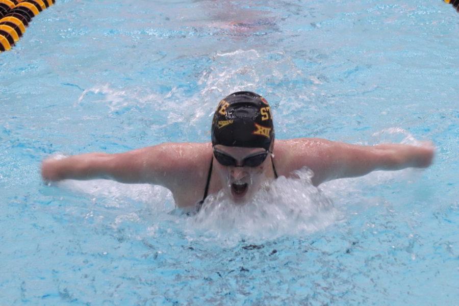 Then-sophomore Kennedy Tranel swims the 200-yard butterfly Jan. 18, 2019, at Beyer Pool. The Iowa State womens swimming and diving team beat Illinois University 191-100. 