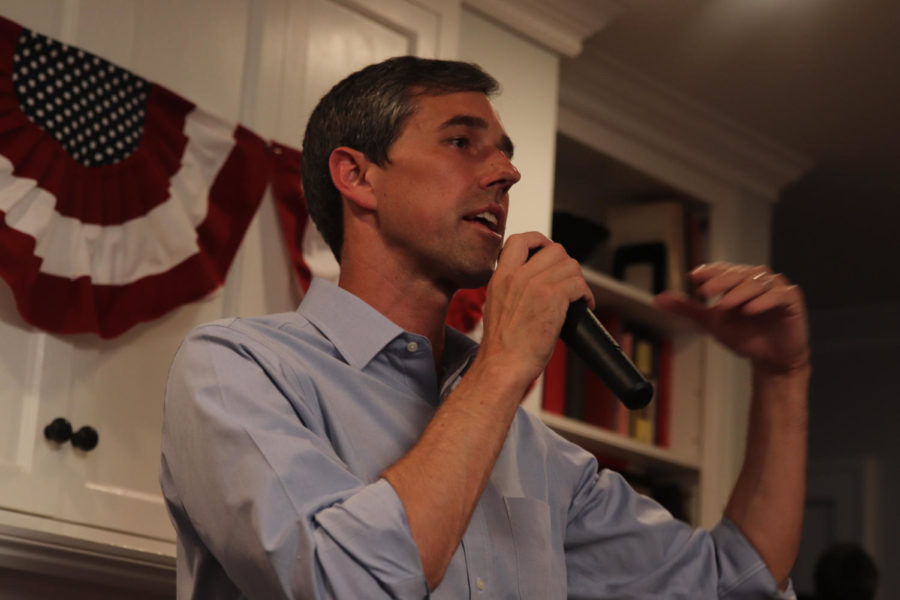 Presidential candidate Beto ORourke addresses supporters at the home of Ames resident Joan Bolin-Betts on July 2.