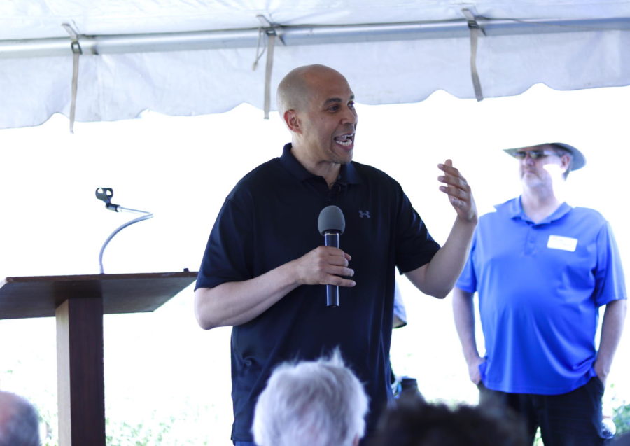 Democratic presidential candidate Sen. Cory Booker delivers a speech during the Big Tent on the Prairie event June 8 at Alluvial Brewing in Ames.