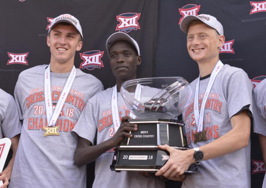 Iowa State distance runners Milo Greder (left), Edwin Kurgat (middle) and Dan Curts (right) placed in the top 10 for male runners during the 2018 Big 12 Cross Country Championships on Oct. 26, 2018, at Iowa State. The men’s team placed first overall with a score of 32.