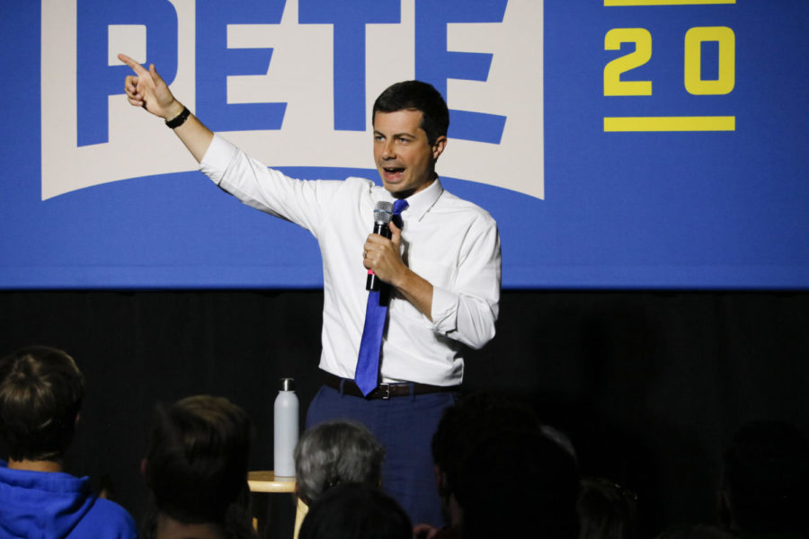 Presidential candidate Pete Buttigieg speaks at a town hall hosted in the Scheman Building on Wednesday. Buttigieg discussed foreign policy, gun control, health care and finding commonality with members of the Republican Party.