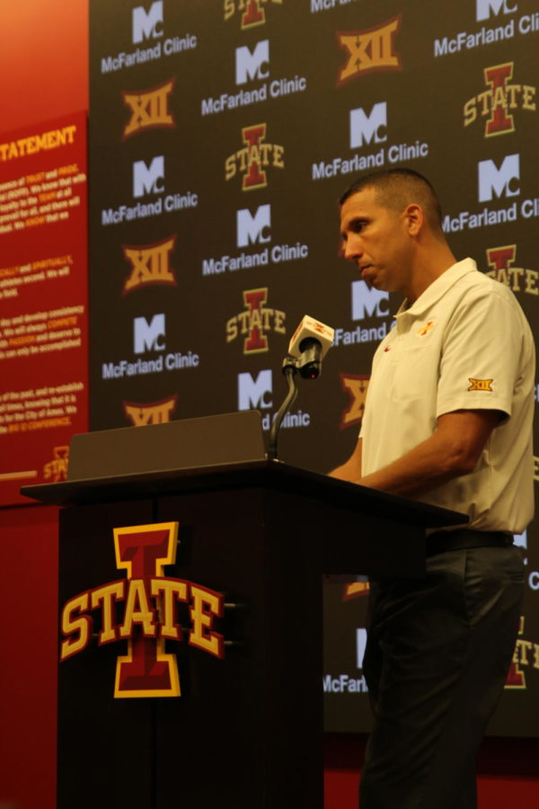 Iowa State head coach Matt Campbell hears questions from the media during his opening press conference at Iowa States media day Aug. 1, 2019.
