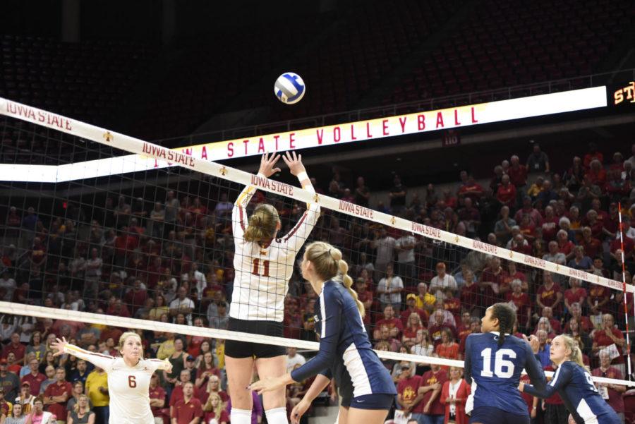 %2311+Piper+Mauck+setting+the+ball+for+%236+Eleanor+Holthaus.+Iowa+State+Volleyball+faced+Penn+State+on+Friday+Sept.+6.+Penn+State+won+3-0.