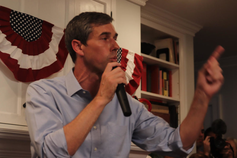 Presidential candidate Beto ORourke addresses supporters at the house of Ames resident Joan Bolin-Betts on July 2.