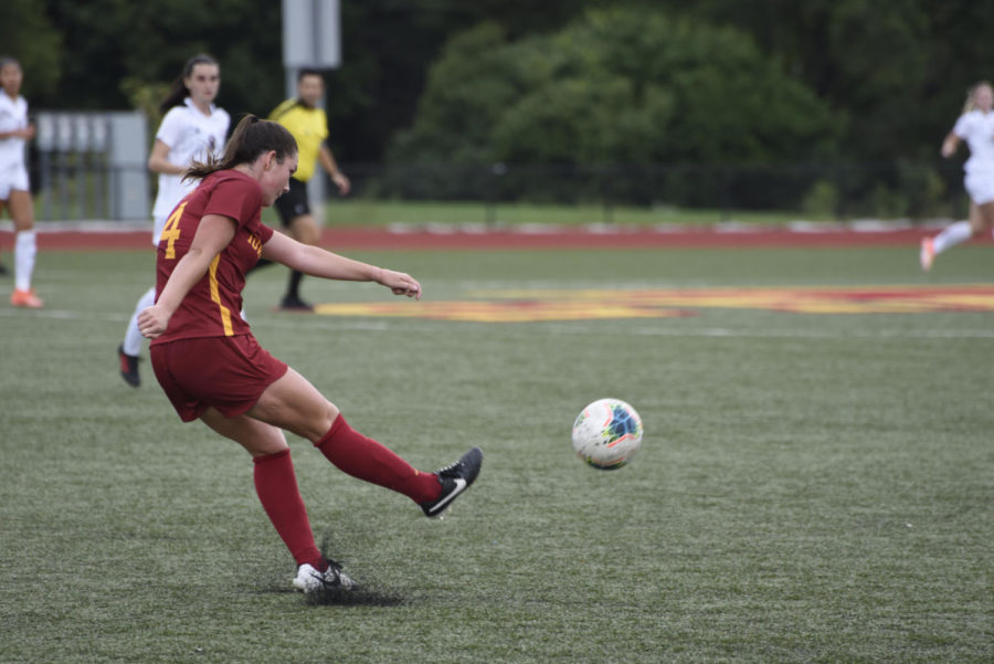 Iowa State defender Taylor Bee kicks the ball in a 1-0 win against Omaha on Sept. 8, 2019.