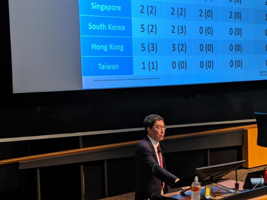 Way Kuo, president of City University of Hong Kong, shares his ideas on higher education during his presentation, Soulware: The American Way in Chinas Higher Education, on Wednesday.