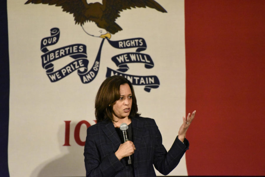 Kamala Harris speaking at a town hall at Iowa State on Oct. 6. 