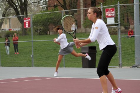 Maty Cancini returns a serve while her then-partner Sami Budai stands ready at the net. Budai and Cancini played first doubles against Oklahoma on April 21, 2017, at Forker Tennis Courts. First doubles went on to win 6-2 and was the sole winning doubles team for Iowa State.
