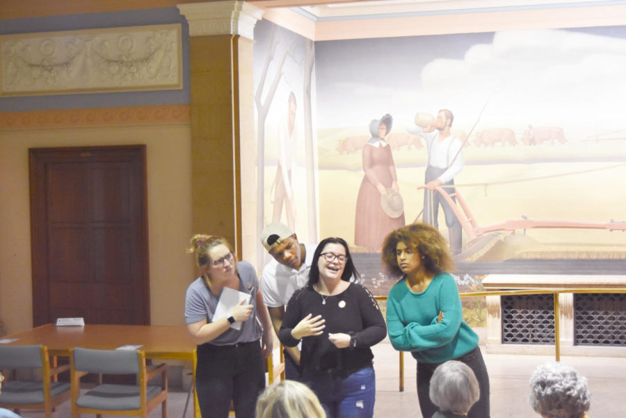 Students perform the musical play Chasing George Washington in Parks Library as part of a Monday Monologue on Oct. 28.