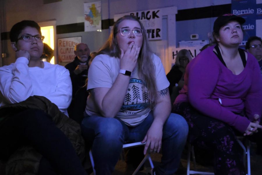 Jenna Santiago, Raelin Bizjak and Alex Sudbrock attended the watch party at the Bernie 2020 Ames Headquarters for the Tuesday night Democratic Debate.