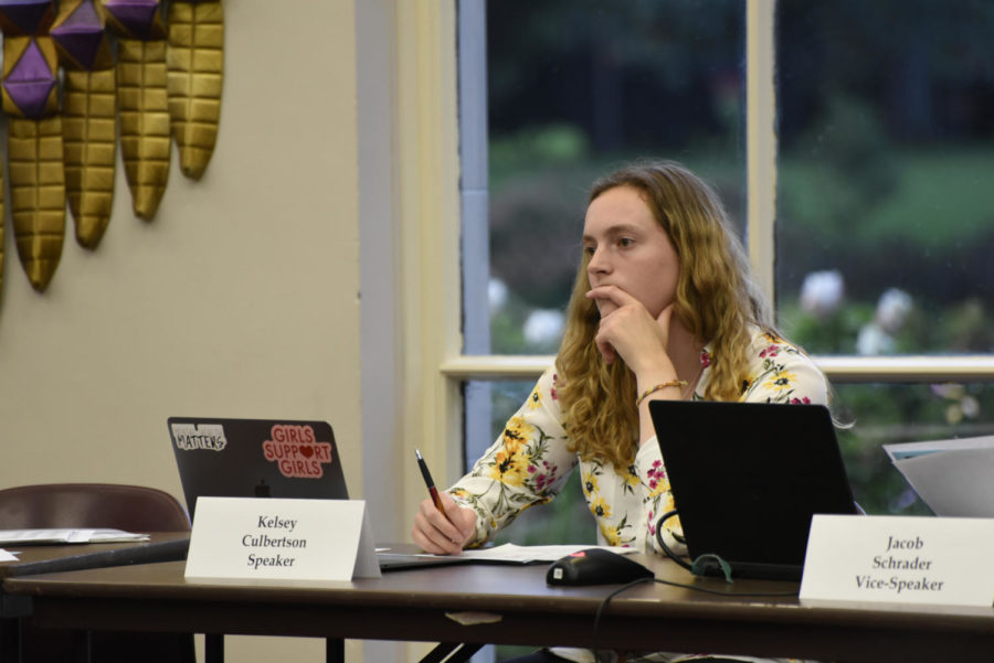 Student Government Speaker Kelsey Culbertson listens during the Student Government meeting Sept. 18 in the Campanile Room. Student Government discusses various bills and legislation that affect Iowa State and the community.