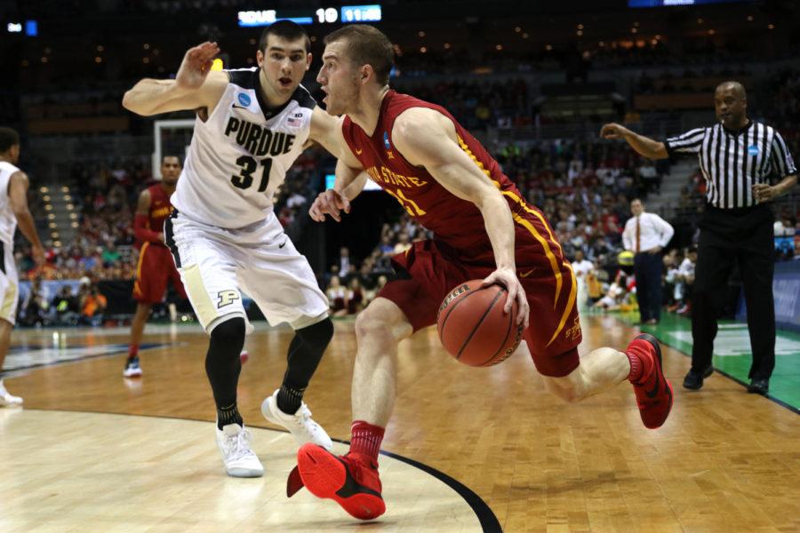 Matt Thomas makes a move to the corner in the first half against Purdue in the second round of the NCAA Tournament on March 18, 2017.