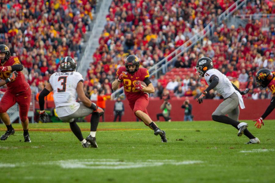 Iowa State wide receiver Landen Akers makes the reception for an Iowa State first down against Oklahoma State on Oct. 26, 2019. The Cyclones fell to the Cowboys 34-27.
