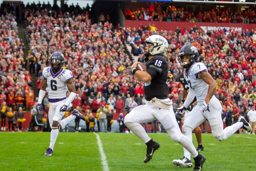 Iowa State quarterback Brock Purdy watches the scoreboard camera footage to see who is behind him as he rushes toward the end zone against TCU. Iowa State beat the Horned Frogs 49-24 on Oct 5, 2019.