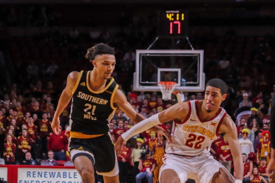 Sophomore+guard+Tyrese+Haliburton+drives+to+the+hoop+during+Iowa+State%E2%80%99s+73-45+victory+over+Southern+Mississippi+on+Nov.+19%C2%A0at+Hilton+Coliseum.