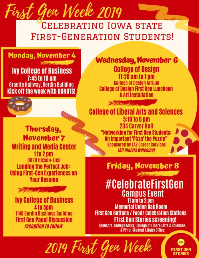 The flyer of events for Iowa States 2019 First Gen Week, which recognizes first generation college students.