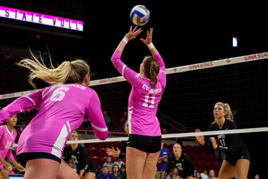 Right side hitter Eleanor Holthaus pursues a set from setter Piper Mauck on Oct. 16, 2019, in the Iowa State vs. TCU game. Iowa State won 3-0.