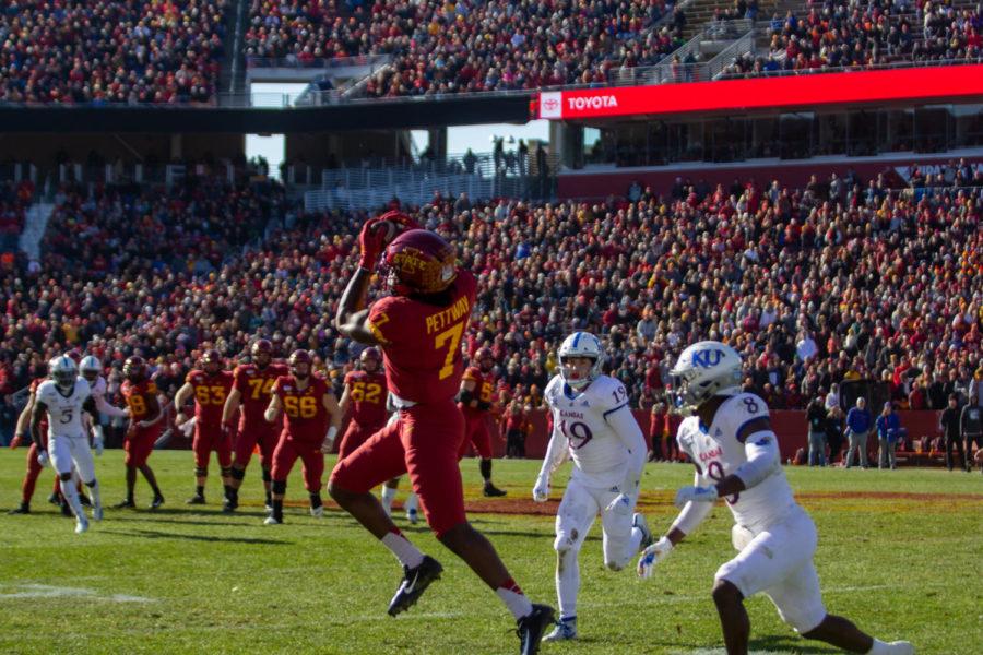#7 LaMichael Pettway completes the reception for another first down against University of Kansas, Iowa State won 41-31 on Nov. 23.