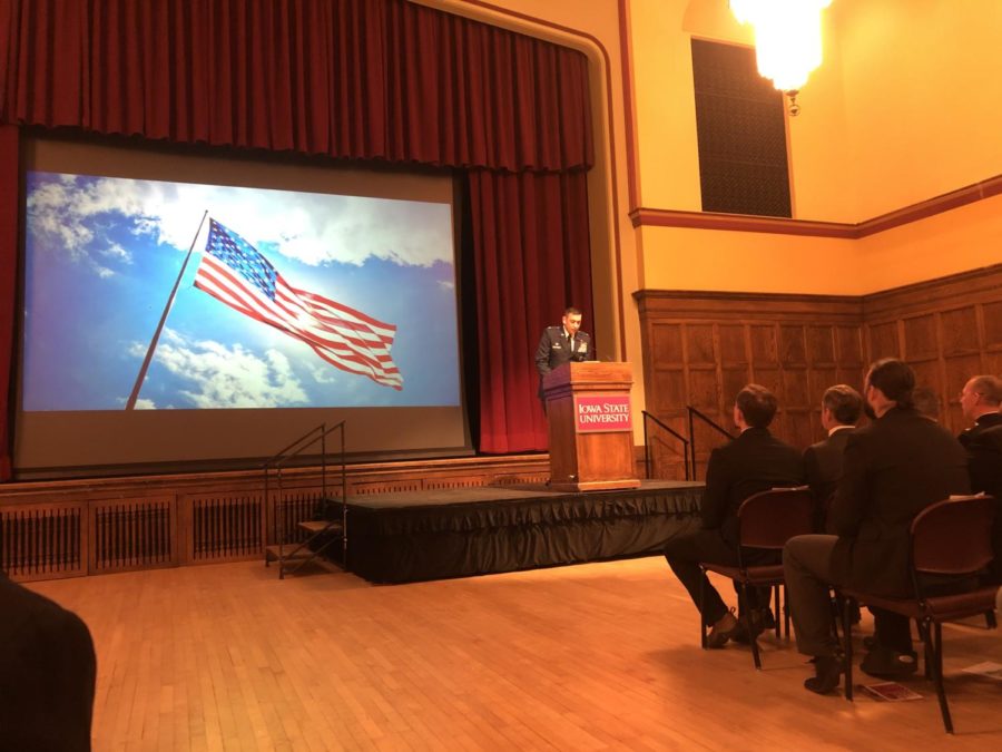 Lt. Col. Michael Hanson, Iowa State alumn and 18-year veteran of the United States Air Force, spoke to the audience of the Gold Star Hall Ceremony on Nov. 11.