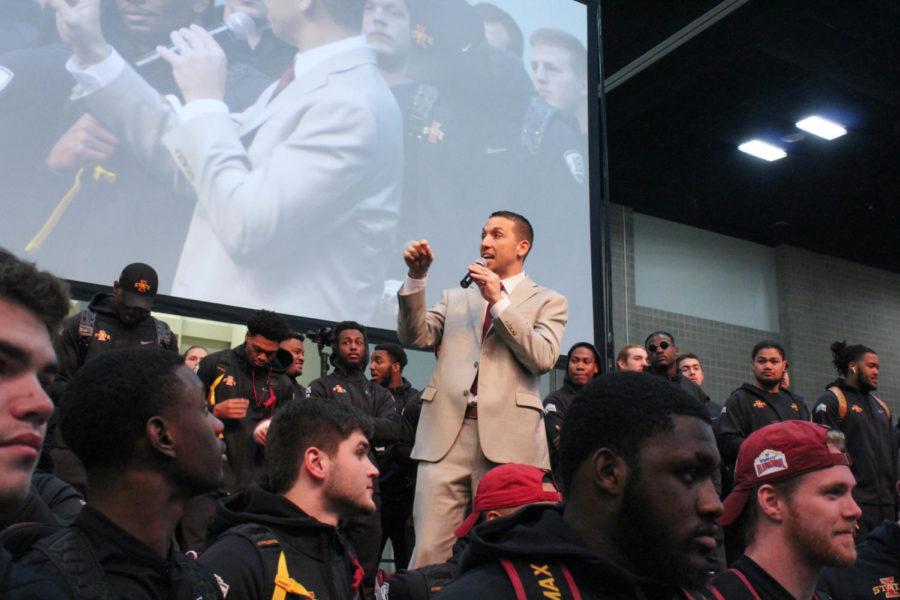 Iowa State football coach Matt Campbell introduces his players at a pep rally Dec. 27.