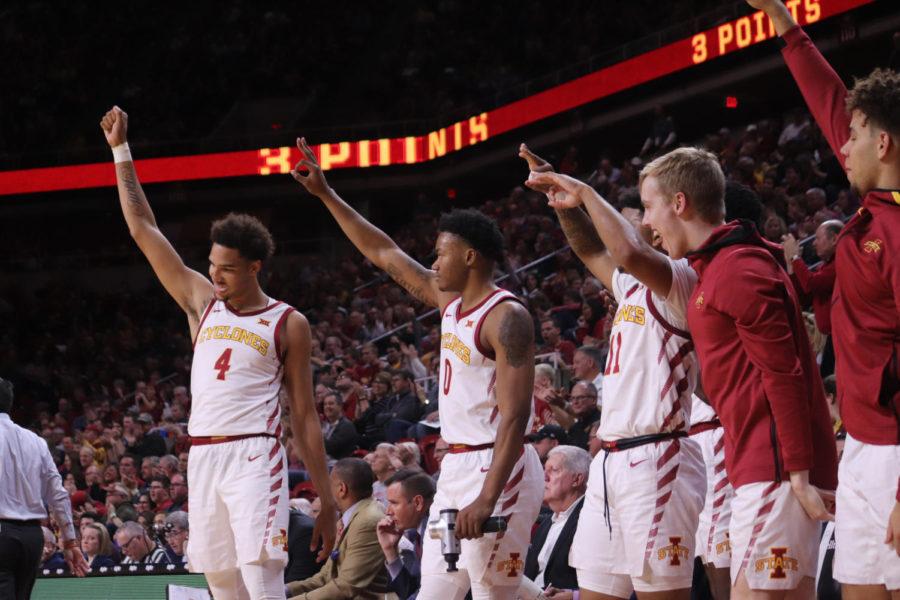 Sophomore+forward+George+Conditt+IV+celebrates+a+three-point+shot+with+sophomore+forward+Zion+Giffin%2C+senior+guard+Prentiss+Nixon%2C+sophomore+guard+Nate+Schuster+and+freshman+guard+Nate+Jenkins+during+Iowa+State%E2%80%99s+110-74+victory+over+the+Mississippi+Valley+State+Delta+Devils+at+Hilton+Coliseum+on+Nov.+5.