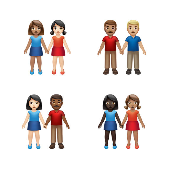 The Holding Hands emoji now includes a the option to combine different skin tones and genders, for the possibility of 75 combinations in total.
